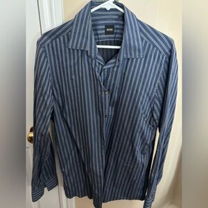 Hugo Boss Navy Blue Striped Long-Sleeve Button-Down Shirt